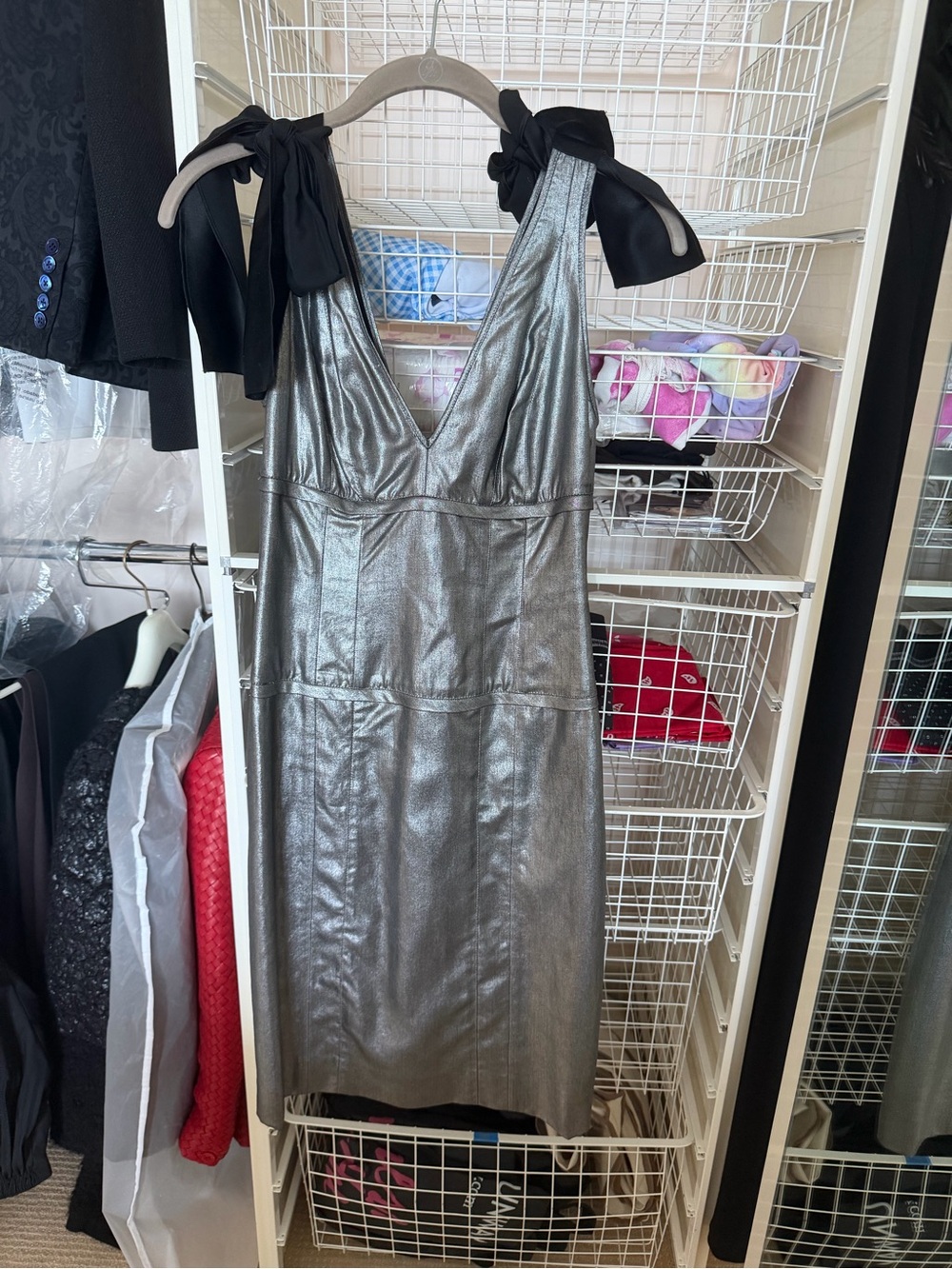 Narcisco Rodriguez Silver V-Neck Tie-Shoulder Dress
